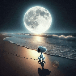 snoopy is standing on the beach looking at the moon