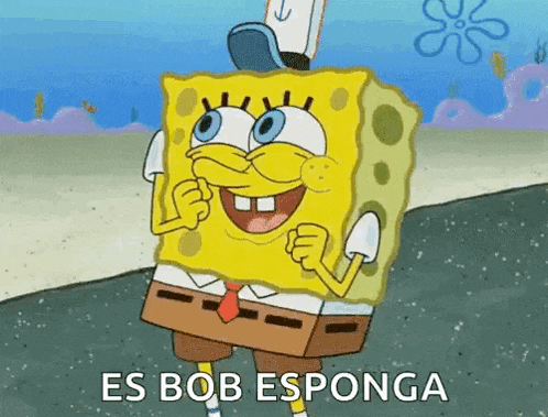 a cartoon of spongebob squarepants standing on a beach with the words es bob esponga written on the bottom .
