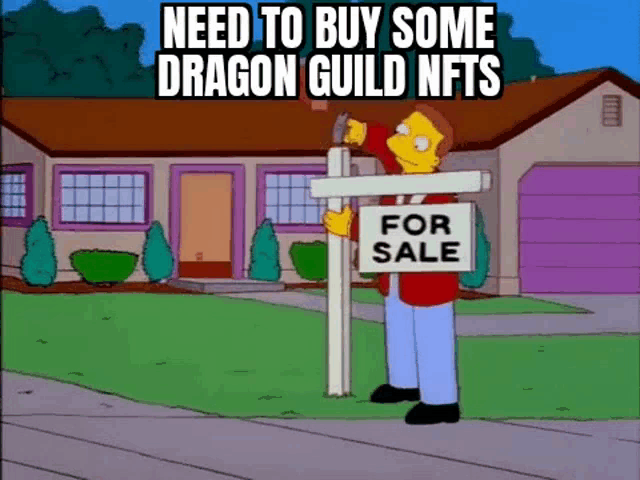 a man in a cartoon is holding a for sale sign in front of a house .
