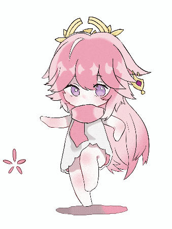 a drawing of a little girl with pink hair and purple eyes