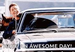 a man is riding a horse in a car with the words `` have an awesome day '' written on the bottom .
