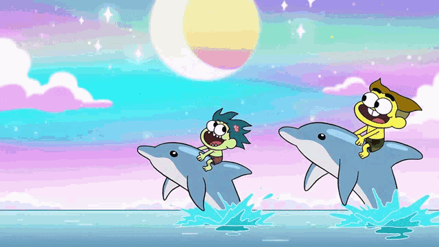 a cartoon of a boy riding a dolphin