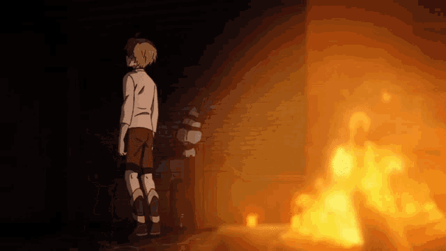 a boy standing in front of a fire with a shield on his back