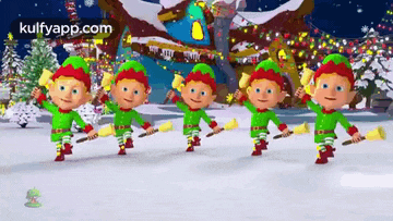 a group of christmas elves are dancing in the snow .
