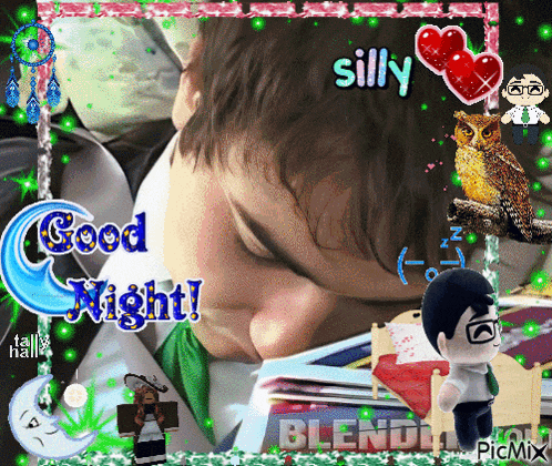 a picture of a man reading a book with the words good night written on it