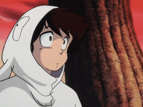 a cartoon character wearing a white hoodie with bunny ears is standing next to a tree
