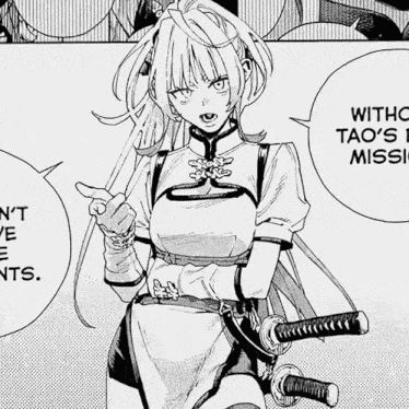 a black and white drawing of a girl holding two swords with a speech bubble that says with tao 's