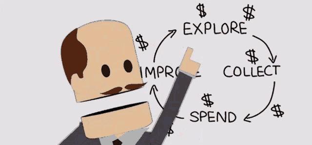 a cartoon drawing of a man with the words explore prove and collect written on it