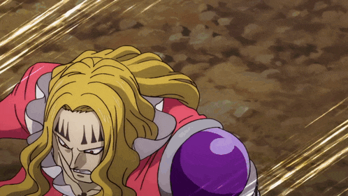 a man with long blonde hair and a purple arm