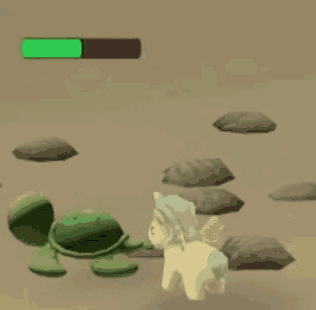 a cartoon pony is standing next to a red object with the number 8 on it .