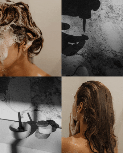 a woman is washing her hair with a sponge