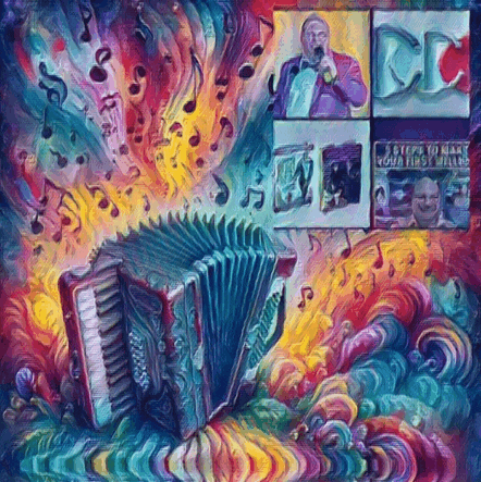 a colorful painting of an accordion surrounded by music notes and a man singing