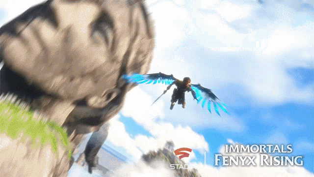 an advertisement for immortals fenyx rising shows a person flying through the air