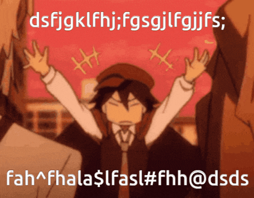 a cartoon of a man with his arms in the air with the words dsfgklfhj fgsgjfgjfs