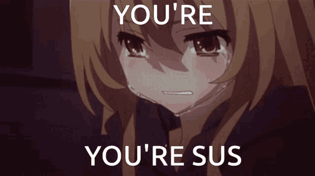 a picture of a girl crying with the words " you 're you 're sus " below her