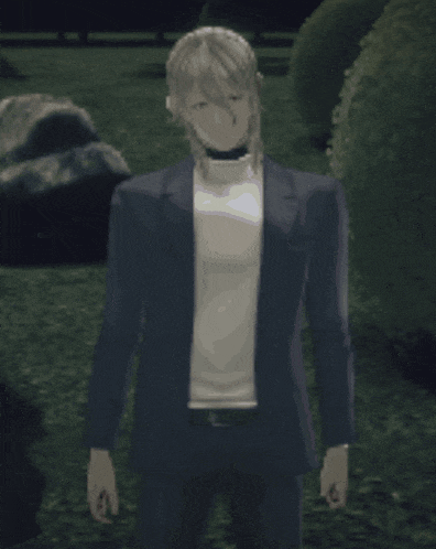a man in a suit is standing in a field