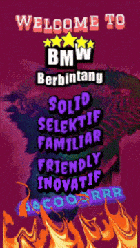 a purple poster that says welcome to bmw berbintang solid seleksif familiar friendly inovatif