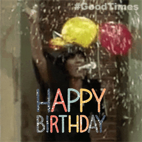 a happy birthday greeting card with a woman holding balloons in the rain