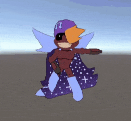 a cartoon character is wearing a purple cape and a purple hat with the letter j on it