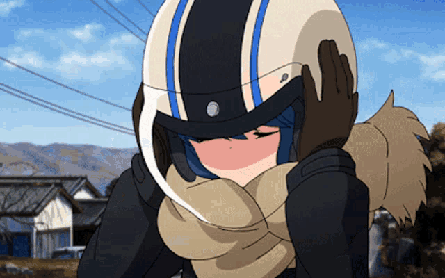 a person wearing a helmet with a blue and white stripe