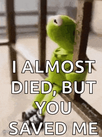 kermit the frog is sitting on a railing and says `` i almost died but you saved me '' .