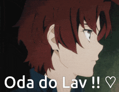 a close up of a red haired anime character with the words oda do lav written below it