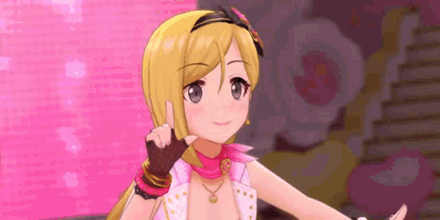 a cartoon girl is giving a thumbs up sign in front of a pink wall .