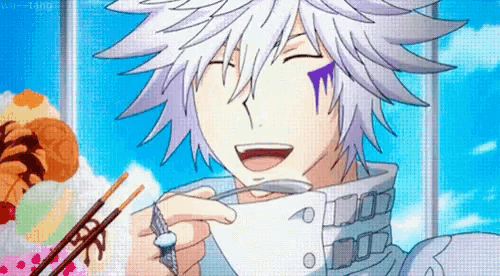 a white haired anime character is eating food with chopsticks and a spoon .