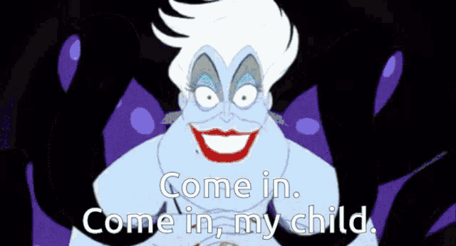 a cartoon character from the little mermaid is smiling and says come in come in my child