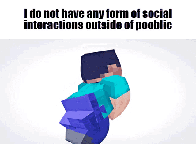a picture of a minecraft character with the caption " i do not have any form of social interactions outside of pooble "