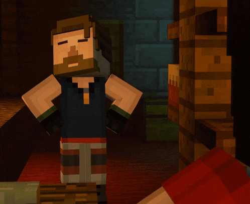a minecraft character with a beard is standing in a room