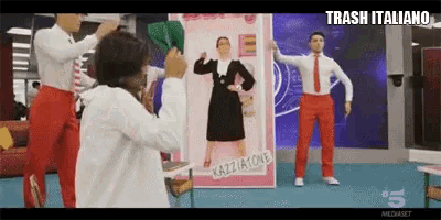 a group of people are dancing in front of a sign that says kazzione