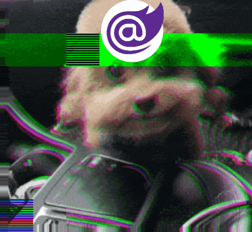 a picture of a dog with a purple and white circle with the letter a on it