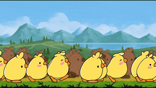 a row of yellow chickens are walking in a field