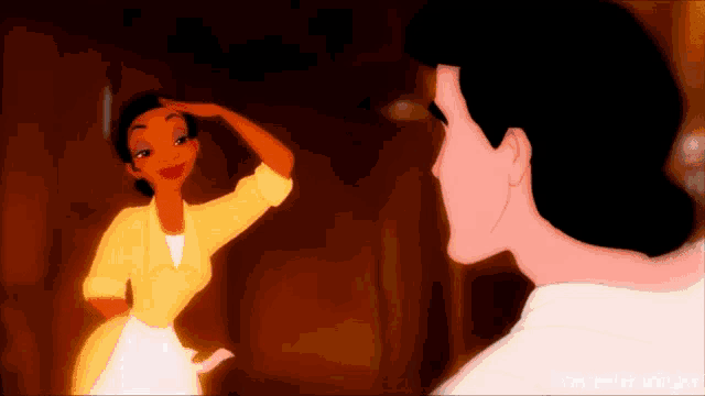 a cartoon of a man and a woman looking at each other with the caption " princess tiana "