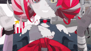 a close up of a cartoon character with red hair and a heart on her chest