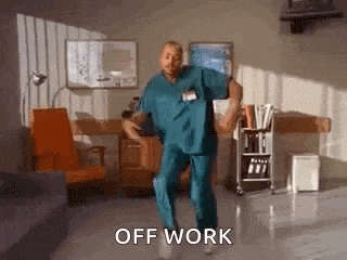 a man in scrubs is dancing in a hospital room with the words `` off work '' .