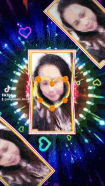 a woman 's face is surrounded by hearts and a heart shaped necklace