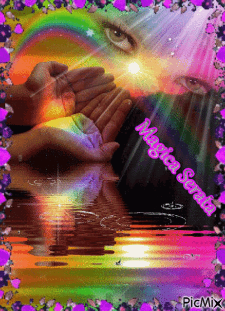 a picture of a woman 's eyes and hands with the words magica santa written in pink