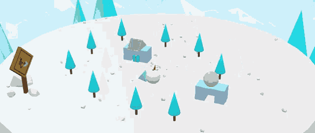 a snowy landscape with trees and a sign that says ' i 'm sorry '