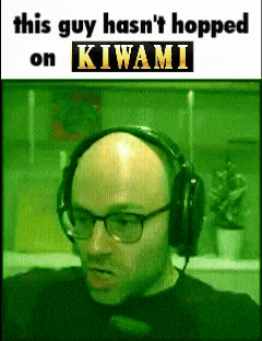 a picture of a man wearing headphones with a caption that says this guy hasn 't hopped on kiwami