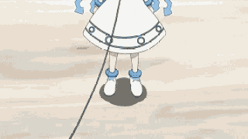 a cartoon girl with blue hair is sitting on the ground with her hands tied .
