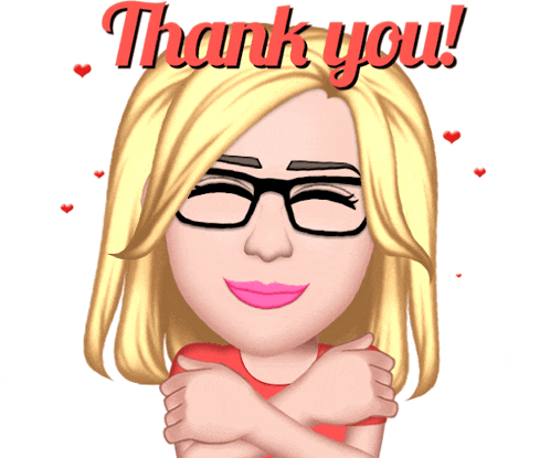 a cartoon woman wearing glasses and a red shirt says " thank you "