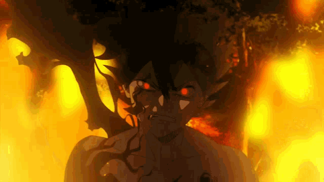 a cartoon character with red eyes is standing in front of a fire .