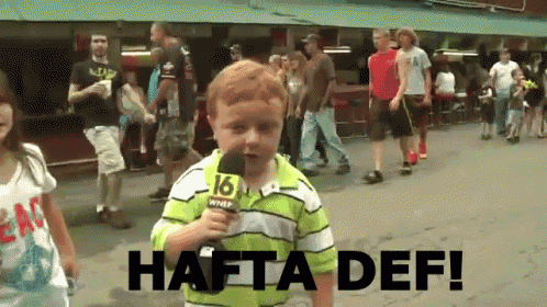 a young boy is holding a microphone in front of a crowd and the words hafta def are above him