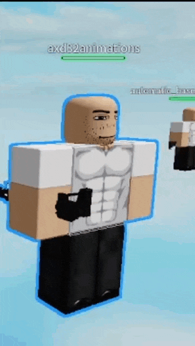 a cartoon character is holding a gun in a video game and has a blue outline around his head .