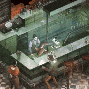 a man standing at a bar talking to a woman