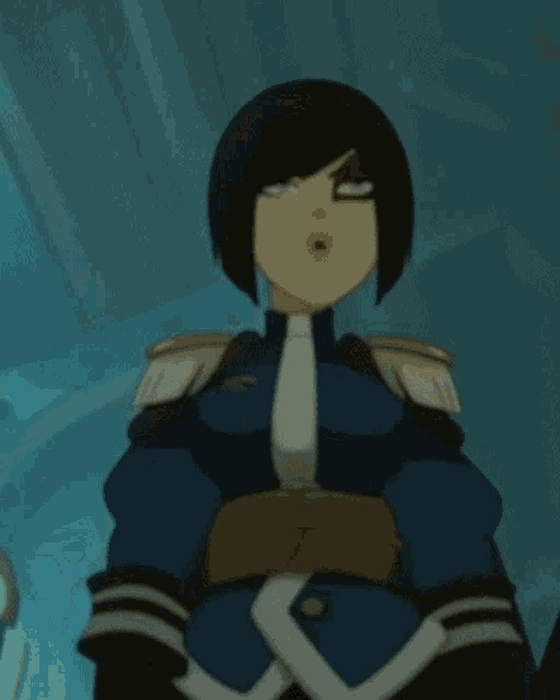 a cartoon character is wearing a blue jacket with a white stripe on the sleeves