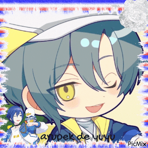 a drawing of a boy with a hat and the words " ampek de yuyu " below him