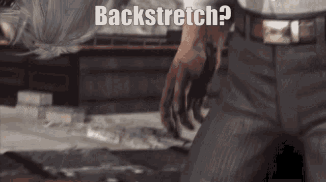 a man in a suit is kneeling down with the words backstretch written on the bottom